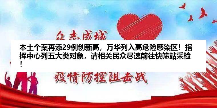 本土个案再添29例创新高，万华列入高危险感染区！指挥中心列五大类对象，请相关民众尽速前往快筛站采检！