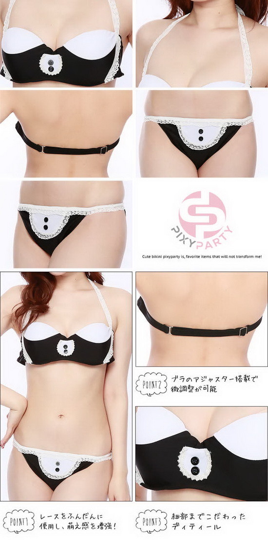 那么pixyparty这次为什么会想推出女仆比基尼呢?其实它们家一直都有推出比基尼的新企划,有次就想到女仆装这个身受大家喜爱的穿着应该也有泳装化的可能,而且成功的话甚至还可以有cosplay的感觉,所以把这两样东西加在一起就诞生了今天这套泳衣